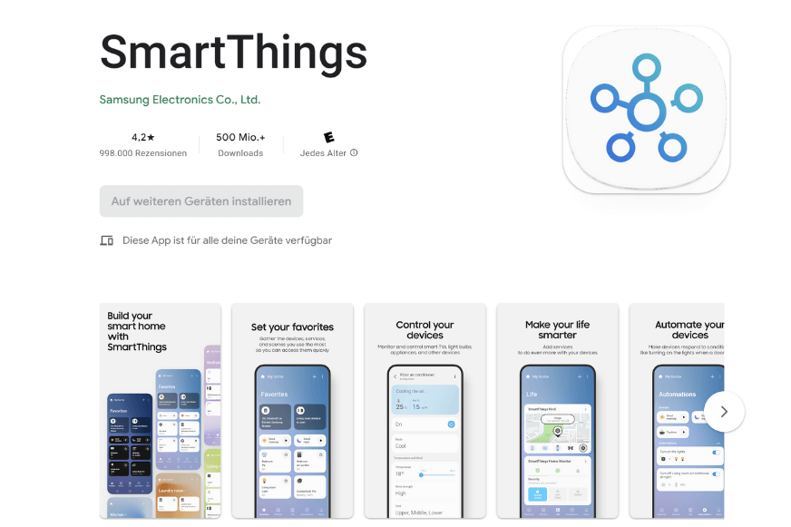 Die SmartThing App steht im Android App Store zum Download zur Verfügung.